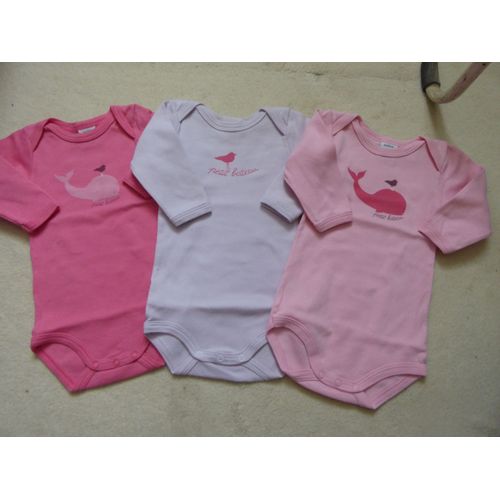 Lot 3 Bodies Manches Longues Rose/Mauve Petit Bateau - 3 Mois