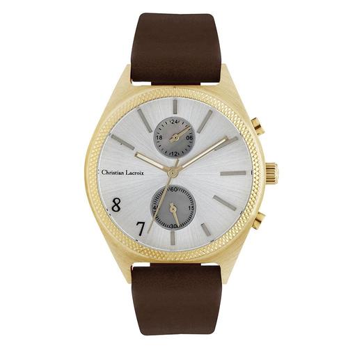 Montre Homme Christian Lacroix À Quartz Cadran Argenté 40 Mm Et Bracelet Marron En Cuir Clms1804