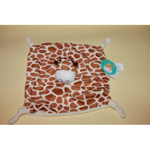 Doudou Carre Blanc Girafe Plat Savane Beige Marron Taches