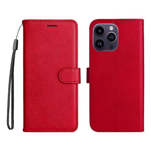 Flip Étui Pour Iphone 15 Pro Max Étui De Téléphone Portefeuille D'affaires Avec Fente Pour Carte Cuir De Haute Qualité Couleur Solide Classique - Rouge