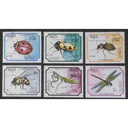Cambodge Oblitéré Y Et T N° 830 À 835 Lot De 6 Timbres De 1988 Les Insectes