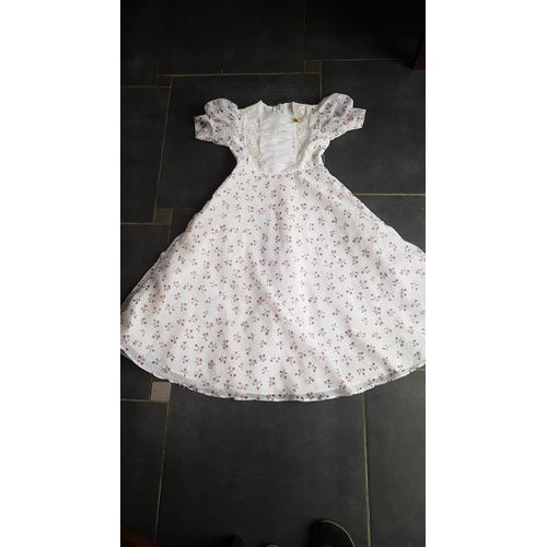 Robe Longue Manches Courtes Petite Fille D'honneur Blanche Imprimé Fleuri