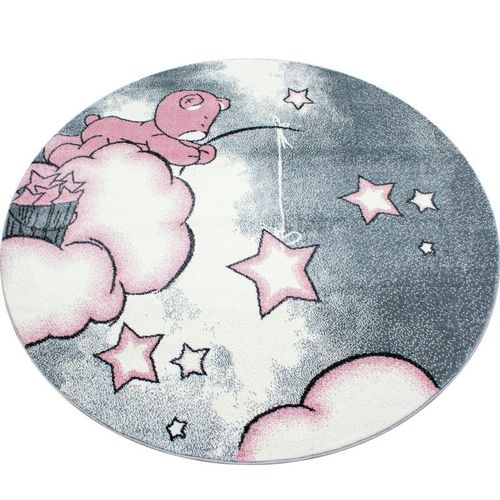 Tapis Chambre D?Enfant Ours La Pêche Aux Étoiles Nuages Gris-Blanc-Rose