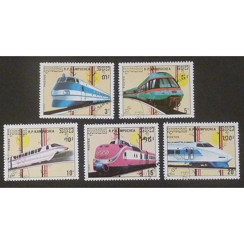 Cambodge Oblitéré Y Et T N° 865 À 869 Lot De 5 Timbres De 1989 Trains À Grande Vitesse
