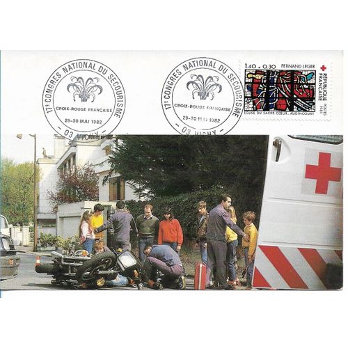Carte Timbrée Oblitérée 1er Jour D'émission 17e Congrès National Du Secourisme Crf Du 29-30 Mai 1982 (Comité De 03 Vichy) : Photo Simulation De Secourisme, Timbre : Vitrail De Fernand Leger