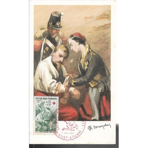 Carte Timbrée Oblitérée 1er Jour D'émission Croix Rouge Française 10 Décembre 1966 (Comité De 42 Saint Etienne) : Peinture De Eugène Charpentier "Bataille De Solférino"