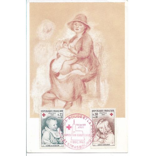 Carte Timbrée Oblitérée 1er Jour D'émission Croix Rouge Française 11 Décembre 1965 (Comité De 67 Strasbourg) : Peinture De Renoir "Maternité"