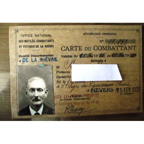 Office National Des Mutilés Combattants Et Victimes De La Guerre:Carte Du Combattant 25 Février 1935