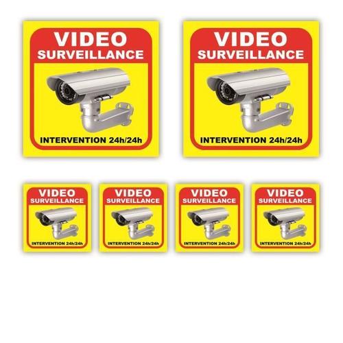 Autocollant Video surveillance Alarme - x6 : 100x100mm (x2) + 50x50mm (x4) - Plastification Anti UV - garantie 5 ans - SCRJca