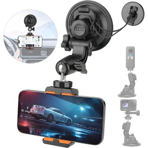 Double Rotule Support Telephone Voiture Ventouse Solide Ø90mm De Diamètre Supporte 1.5kg Pour Pare-Brise Toit Ouvrant Fenêtre De Porte Camera Sport Action Cam Smartphone Gopro Iphone Vlog De Voyage