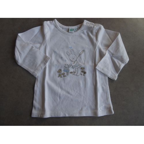 Neuf T-Shirt Manches Longues Blanc "Lapin" Bouchara - 6 Mois