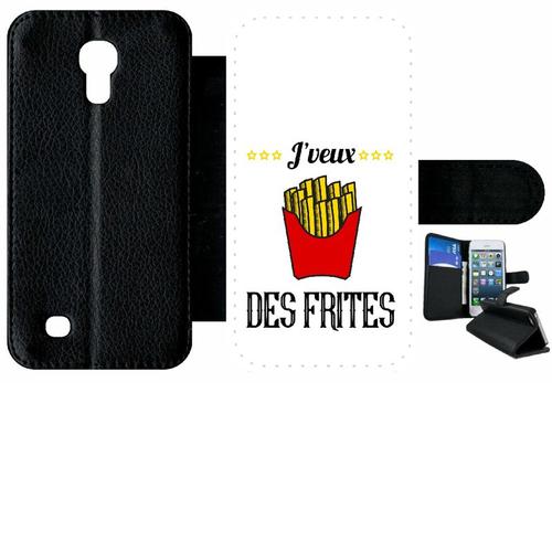 Etui A Rabat - J Veux Des Frites Fond Blanc - Compatible Avec Samsung I9190 Galaxy S4 Mini - Plastique - Bord Noir