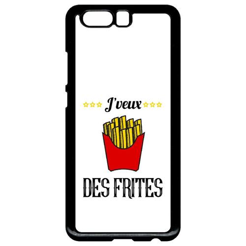 Coque Pour Smartphone - J Veux Des Frites Fond Blanc - Compatible Avec Huawei Ascend P10+ - Plastique - Bord Noir