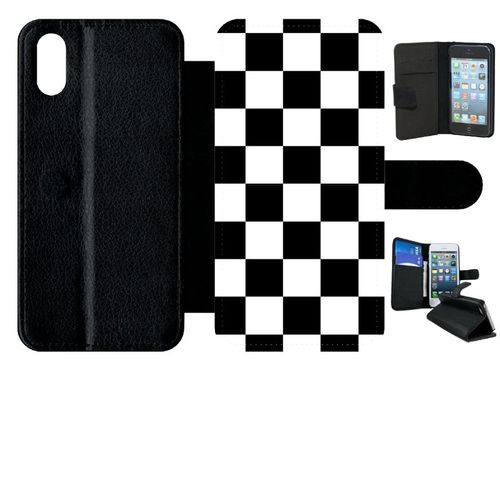 Etui A Rabat - Carr Noir Et Blanc Damier - Compatible Avec Apple Iphone Xs - Plastique - Bord Noir