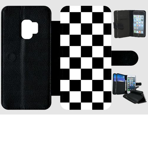 Etui A Rabat - Carr Noir Et Blanc Damier - Compatible Avec Samsung Galaxy S9 - Simili-Cuir - Bord Noir