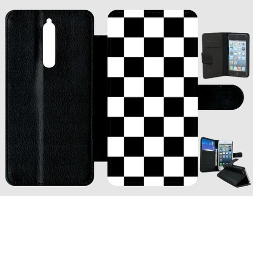 Etui A Rabat - Carr Noir Et Blanc Damier - Compatible Avec Nokia 8 - Simili-Cuir - Bord Noir