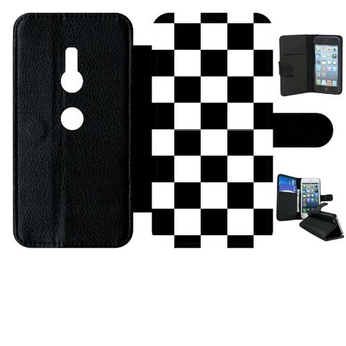 Etui A Rabat - Carr Noir Et Blanc Damier - Compatible Avec Sony Xperia Xz2 - Simili-Cuir - Bord Noir