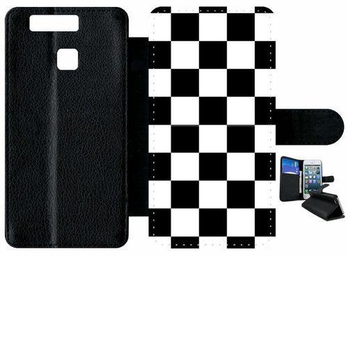 Etui A Rabat - Carr Noir Et Blanc Damier - Compatible Avec Huawei Ascend P9 - Simili-Cuir - Bord Noir