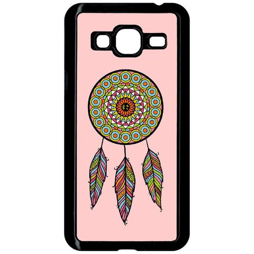 Coque Pour Smartphone - Attrape Rve Mandala Fond Rose - Compatible Avec Samsung Galaxy J3 (2015) - Plastique - Bord Noir