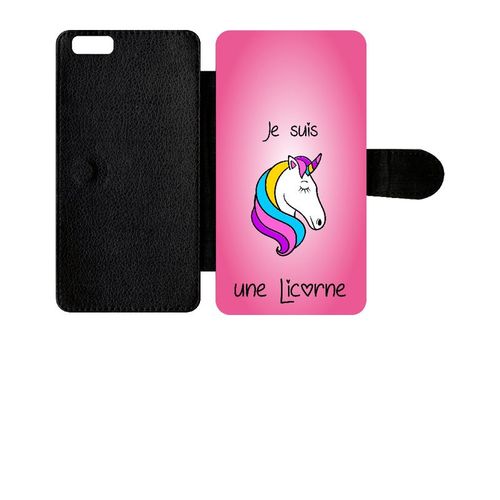 Etui A Rabat - Je Suis Une Licorne Fond Rose - Compatible Avec Apple Iphone 6s+ - Simili-Cuir - Bord Noir
