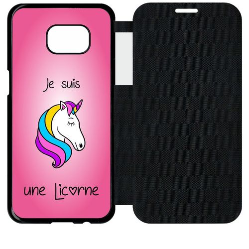 Etui A Flip Flap - Je Suis Une Licorne Fond Rose - Compatible Avec Samsung Galaxy S7 Edge - Simili-Cuir - Bord Noir