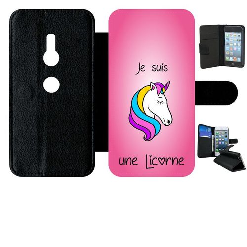 Etui A Rabat - Je Suis Une Licorne Fond Rose - Compatible Avec Sony Xperia Xz2 - Simili-Cuir - Bord Noir