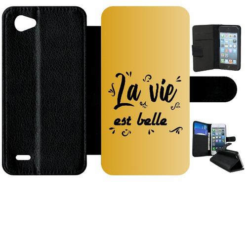 Etui A Rabat - La Vie Est Belle Fond Ocre - Compatible Avec Lg Q6 - Plastique - Bord Noir