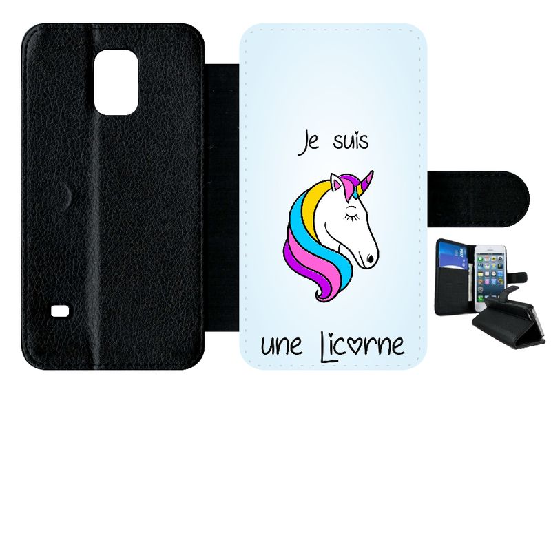 Etui A Rabat - Je Suis Une Licorne Pastel Bleu - Compatible Avec Samsung Galaxy S5 - Simili-Cuir - Bord Noir