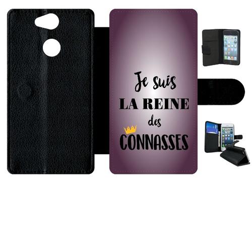 Etui A Rabat - Je Suis La Reine Des Conasses Fond Violet - Compatible Avec Sony Xperia Xa2 - Simili-Cuir - Bord Noir