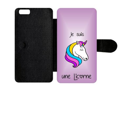 Etui A Rabat - Je Suis Une Licorne Fond Violet - Compatible Avec Apple Iphone 6+ - Simili-Cuir - Bord Noir
