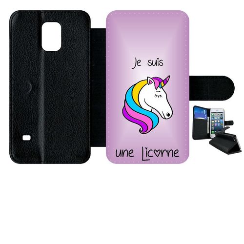 Etui A Rabat - Je Suis Une Licorne Fond Violet - Compatible Avec Samsung Galaxy S5 - Simili-Cuir - Bord Noir