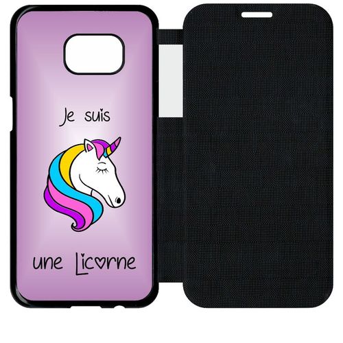 Etui A Flip Flap - Je Suis Une Licorne Fond Violet - Compatible Avec Samsung Galaxy S7 Edge - Plastique - Bord Noir