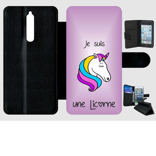 Etui A Rabat - Je Suis Une Licorne Fond Violet - Compatible Avec Nokia 8 - Simili-Cuir - Bord Noir