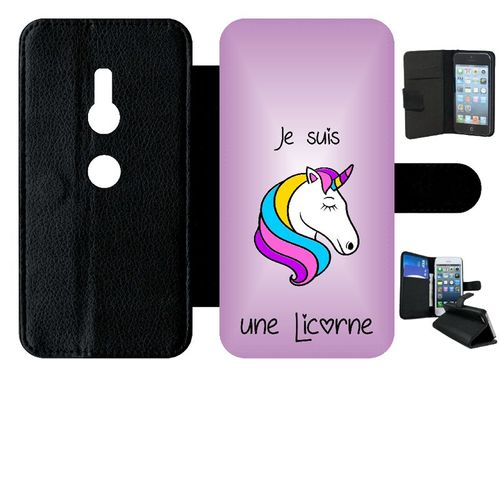 Etui A Rabat - Je Suis Une Licorne Fond Violet - Compatible Avec Sony Xperia Xz2 - Simili-Cuir - Bord Noir