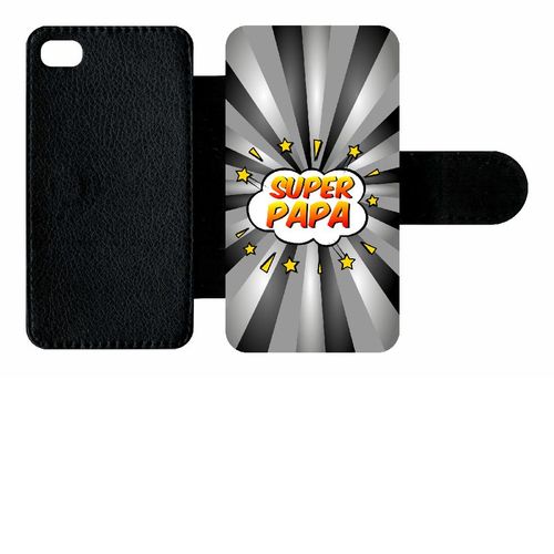 Etui A Rabat - Super Papa Fond Graphique Gris - Compatible Avec Apple Iphone 4s - Plastique - Bord Noir