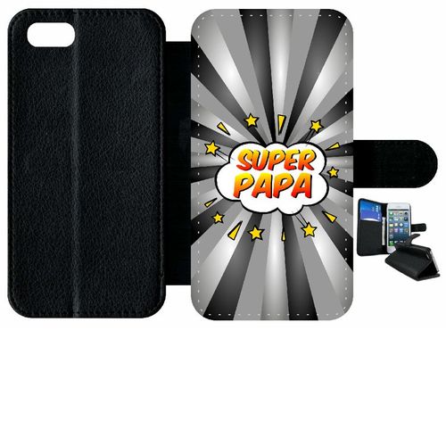Etui A Rabat - Super Papa Fond Graphique Gris - Compatible Avec Apple Iphone 7 - Simili-Cuir - Bord Noir