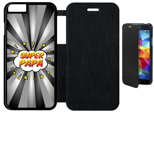 Etui A Flip Flap - Super Papa Fond Graphique Gris - Compatible Avec Apple Iphone 6s - Simili-Cuir - Bord Noir