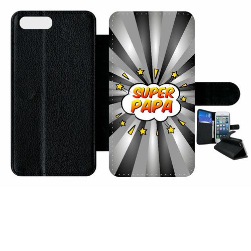 Etui A Rabat - Super Papa Fond Graphique Gris - Compatible Avec Apple Iphone 8 Plus - Plastique - Bord Noir