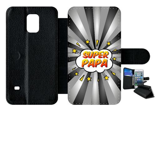 Etui A Rabat - Super Papa Fond Graphique Gris - Compatible Avec Samsung Galaxy S5 - Simili-Cuir - Bord Noir