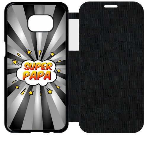 Etui A Flip Flap - Super Papa Fond Graphique Gris - Compatible Avec Samsung Galaxy S7 Edge - Simili-Cuir - Bord Noir