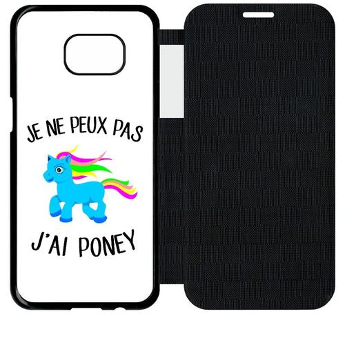 Etui A Flip Flap - Je Peux Pas J Ai Poney Crinire Multicolor Fond Blanc - Compatible Avec Samsung Galaxy S7 Edge - Simili-Cuir - Bord Noir