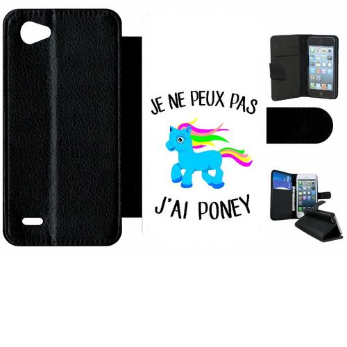 Etui A Rabat - Je Peux Pas J Ai Poney Crinire Multicolor Fond Blanc - Compatible Avec Lg Q6 - Simili-Cuir - Bord Noir