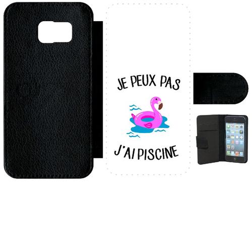 Etui À Rabat Galaxy S6 - Je Peux Pas J Ai Piscine Bouee Flamand Rose Fond Blanc - Simili-Cuir - Noir