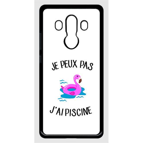 Coque Pour Smartphone - Je Peux Pas J Ai Piscine Bouee Flamand Rose Fond Blanc - Compatible Avec Huawei Mate 10 Pro - Plastique - Bord Noir