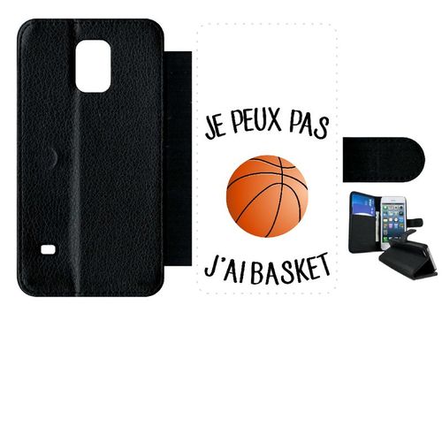 Etui A Rabat - Je Peux Pas J Ai Basket Fond Blanc - Compatible Avec Samsung Galaxy S5 - Simili-Cuir - Bord Noir