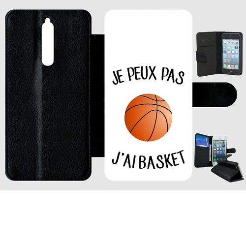 Etui A Rabat - Je Peux Pas J Ai Basket Fond Blanc - Compatible Avec Nokia 8 - Simili-Cuir - Bord Noir