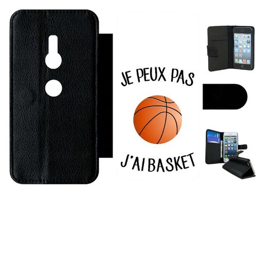 Etui A Rabat - Je Peux Pas J Ai Basket Fond Blanc - Compatible Avec Sony Xperia Xz2 - Simili-Cuir - Bord Noir