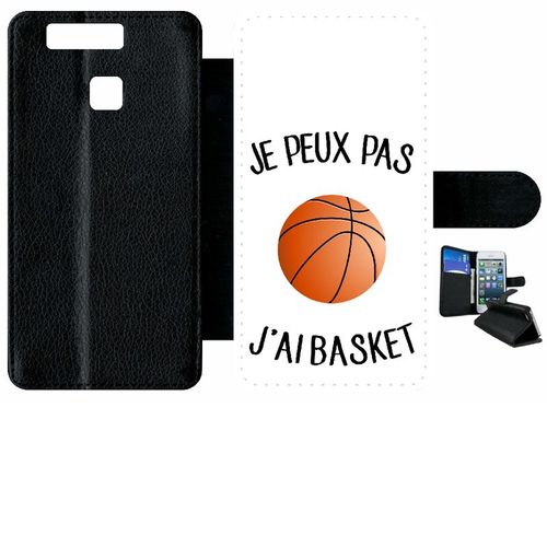 Etui A Rabat - Je Peux Pas J Ai Basket Fond Blanc - Compatible Avec Huawei Ascend P9 - Plastique - Bord Noir