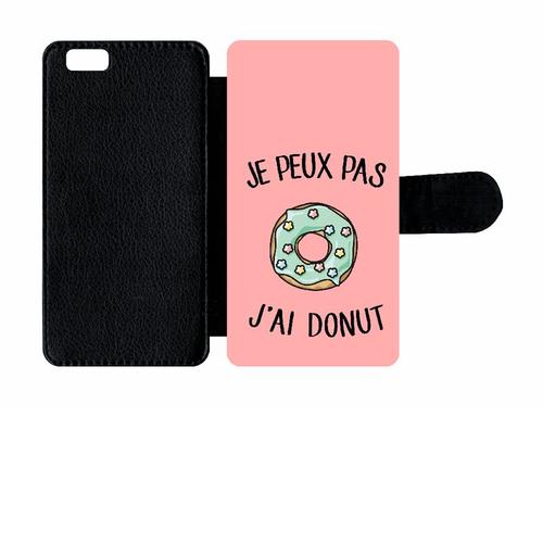 Etui A Rabat - Je Peux Pas J Ai Donut Vert Fond Rose - Compatible Avec Apple Iphone 6s - Simili-Cuir - Bord Noir