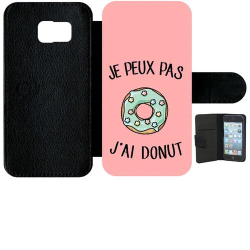 Etui À Rabat Galaxy S6 - Je Peux Pas J Ai Donut Vert Fond Rose - Simili-Cuir - Noir